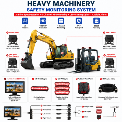 4CH AI BSD Forklift Güvenlik İzleme Sistemi 1080P Kamera/ekran ve LED Alarm Işığı/Ağır Makine için uygundur
