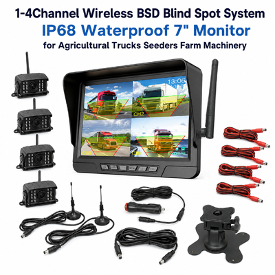 Kablosuz 2 Kanallı Plug-and-Play Traktör Kamera Kiti   7 "IP68 Monitor Gece Görüşü BSD ve titreşime dayanıklı tasarım