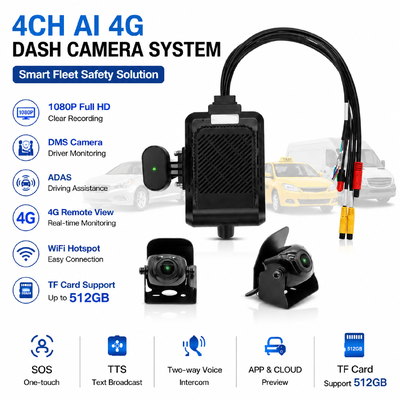 4 Channel AI Fleet Dash Cam 1080P ADAS DMS MDVR System with 4G GPS WiFi for Cars Taxis Trucks Buses