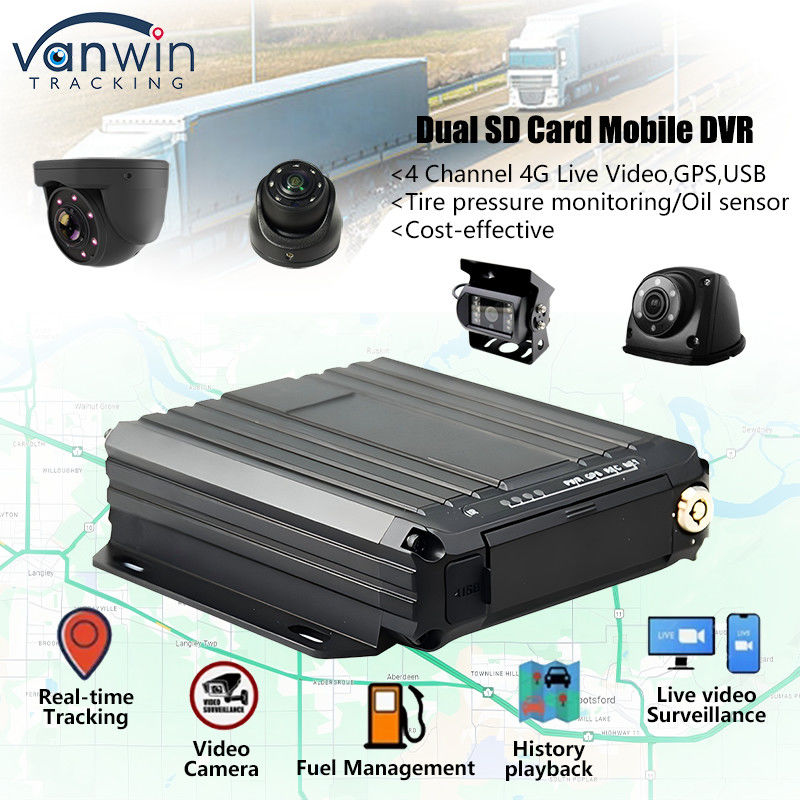 4CH 1080P Çift SD Kart Mobil DVR Desteği Yağ Sensörü 4G Gerçek Zamanlı Video İzleme GPS Takip edici