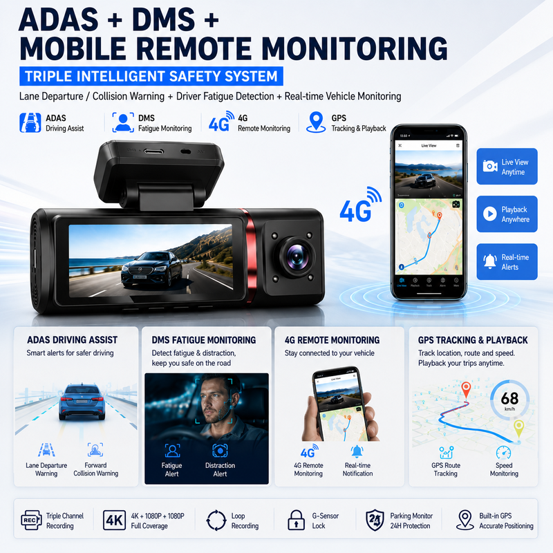3 kanallı AI 4G Dash Kamera 4K Ön, ADAS & DMS, GPS Takip, 24/7 Park Monitörü
