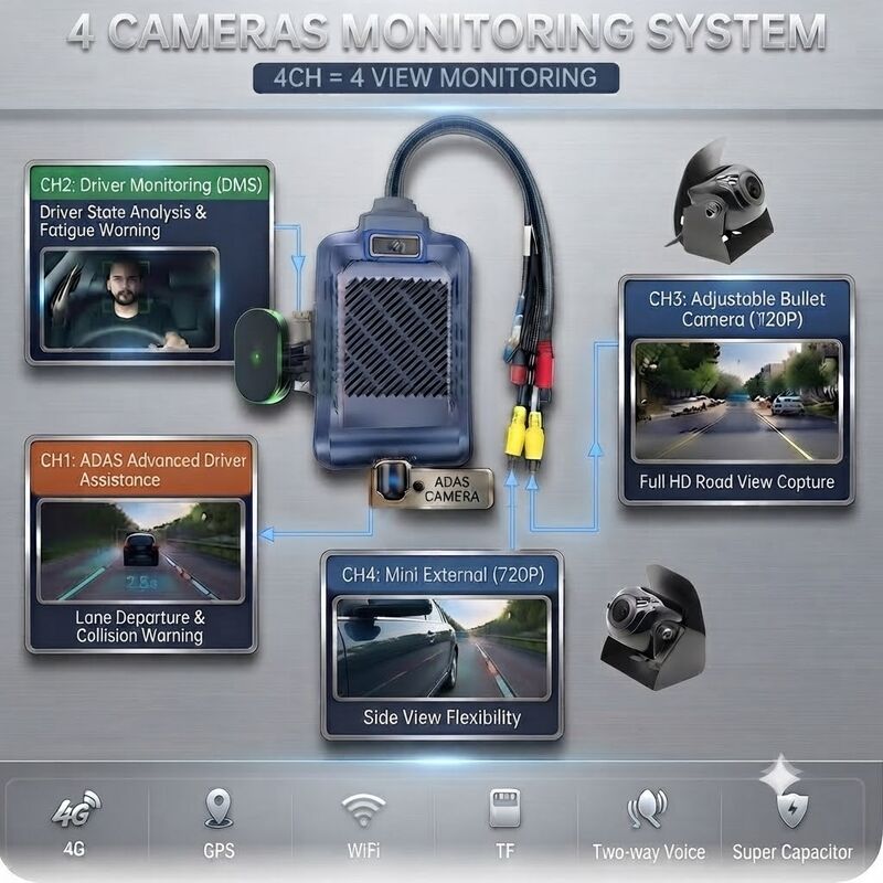 4-Kanallı AI Akıllı 4G Dash Kamerası, ADAS + DMS + BSD Aktif Güvenlik,1080P + 720P Taksi Kaydı