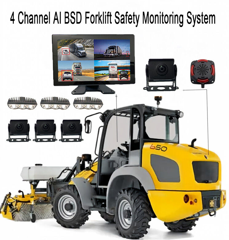 4CH AI BSD Forklift Güvenlik İzleme Sistemi 1080P Kamera/ekran ve LED Alarm Işığı/Ağır Makine için uygundur