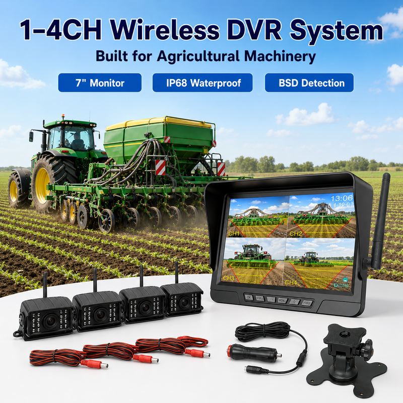 Kablosuz 2 Kanallı Plug-and-Play Traktör Kamera Kiti   7 "IP68 Monitor Gece Görüşü BSD ve titreşime dayanıklı tasarım