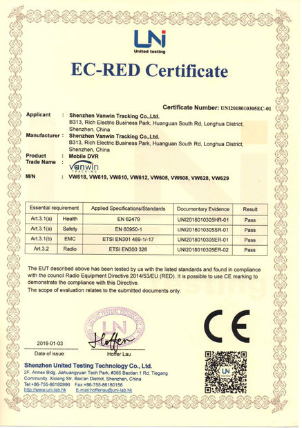Çin Shenzhen Vanwin Tracking Co.,Ltd Sertifikalar